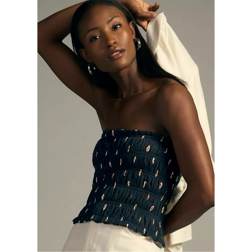 NWT By Anthropologie Smocked Tube Top Black Motif Size Large Strapless